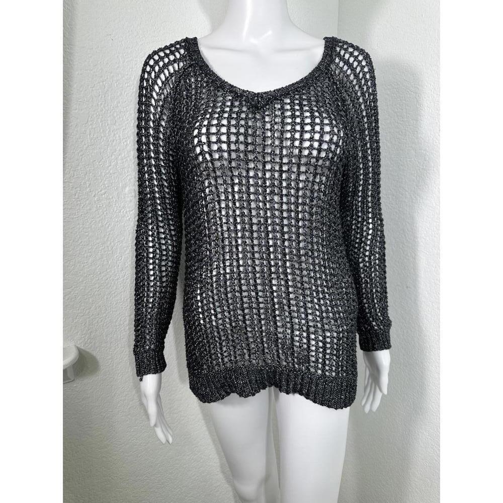 Metallic Open Knit Sheer Sweater P/S Silver Lightweight Layering Top